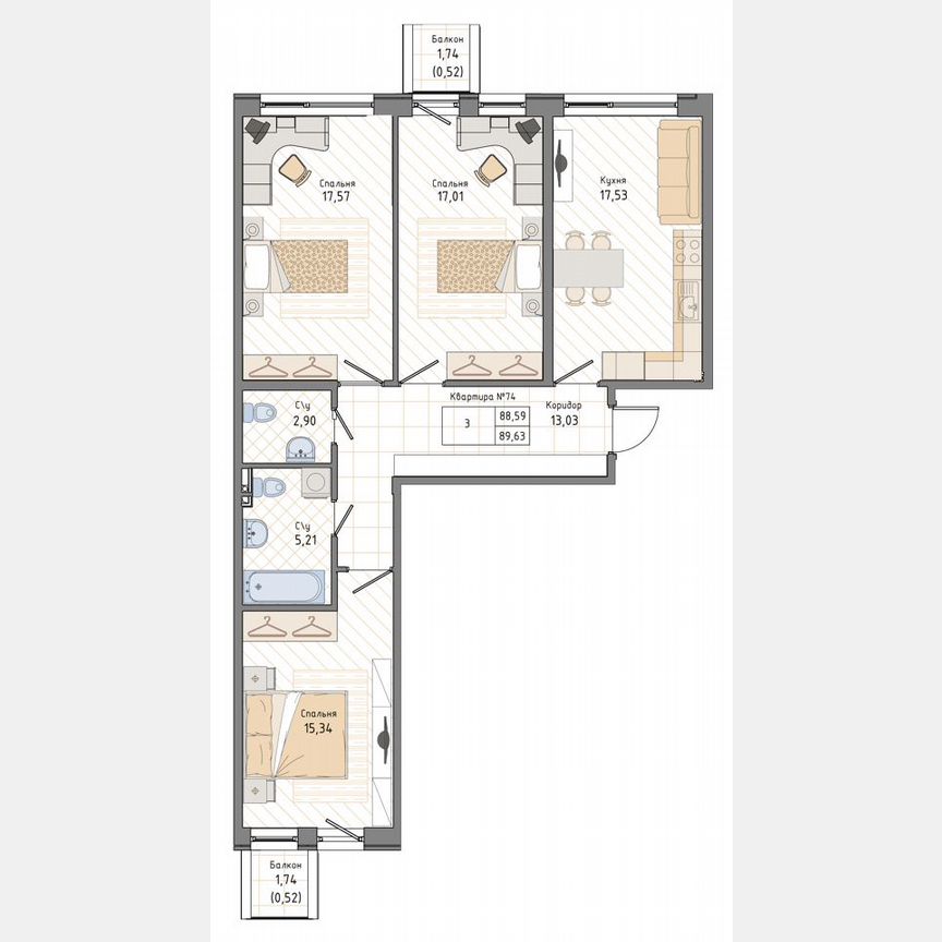 3-к. квартира, 89,6 м², 2/9 эт.
