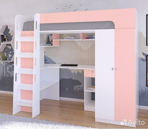 Кровать чердак со столом и шкафом Сонома/Железный