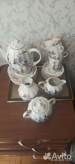 Чайный сервиз лфз золотые листики, костяной фарфор