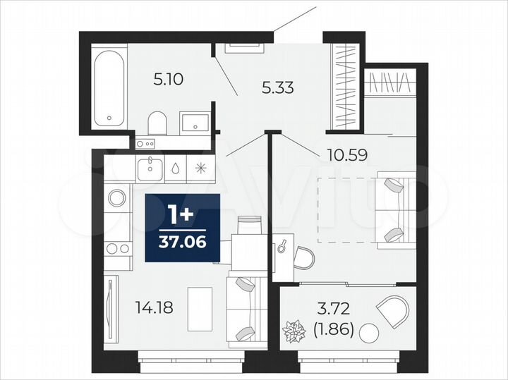 1-к. квартира, 37,1 м², 2/21 эт.
