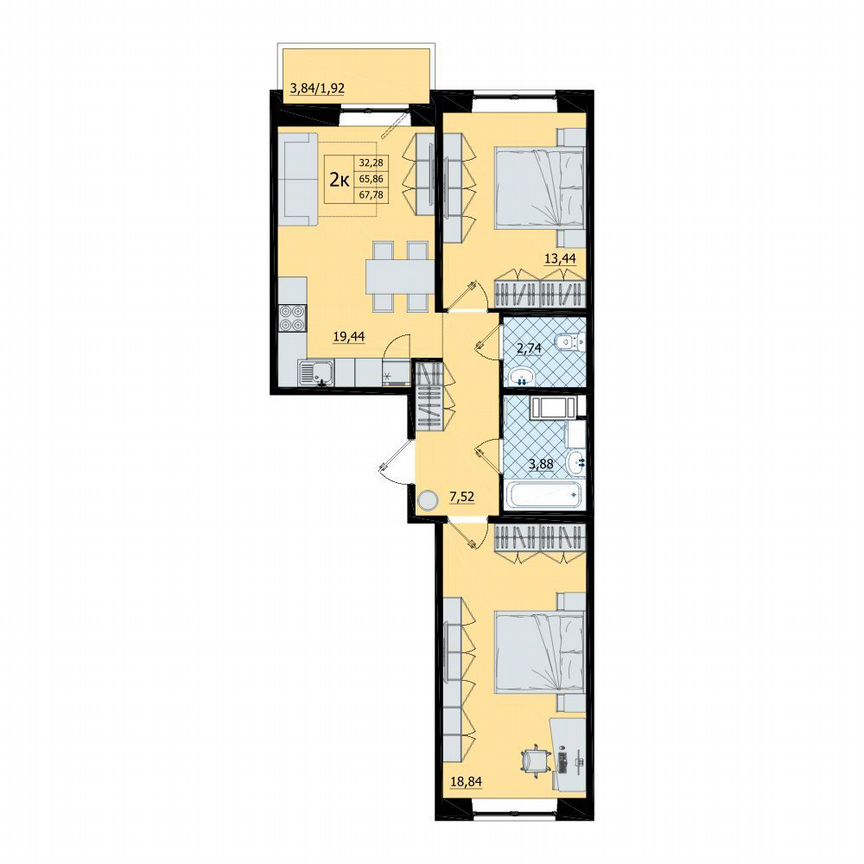 2-к. квартира, 67,8 м², 9/9 эт.