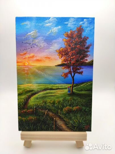 Магнит картина миниатюра на холсте акрилом Закат