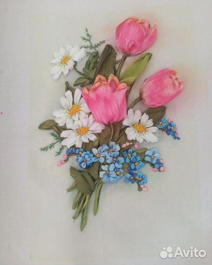 Картина, броши, кулоны. вышивка лентами