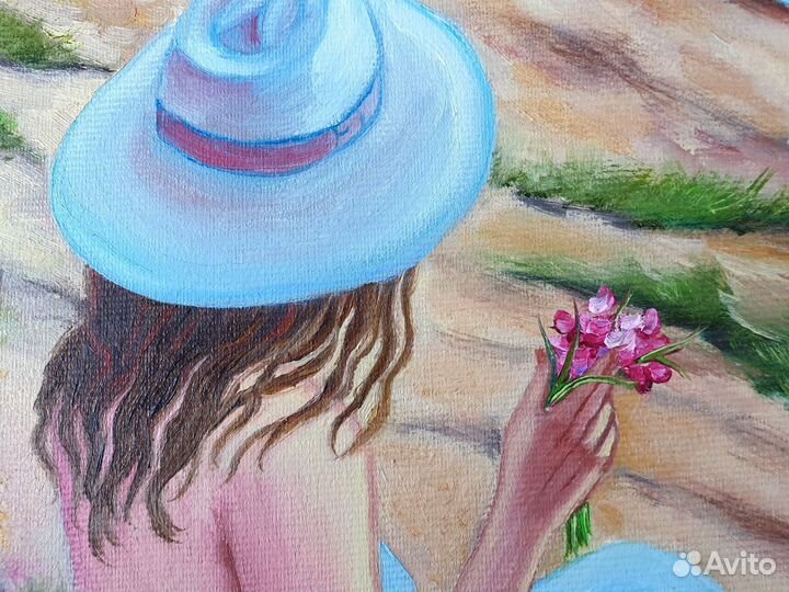 Картина с Девушкой лавандой и морем 50х40см масло