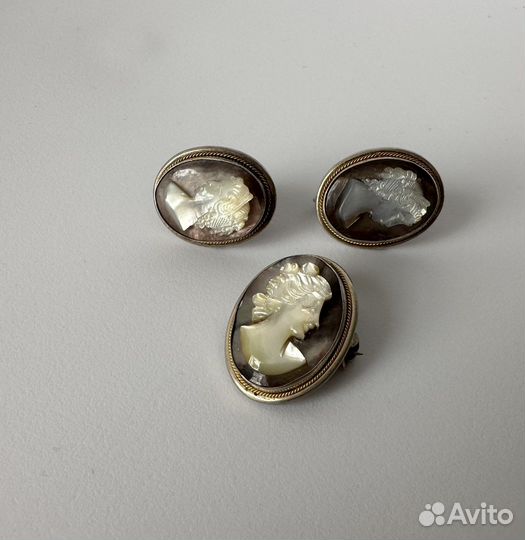 Клипсы и брошь кулон серебро 800 золото камея