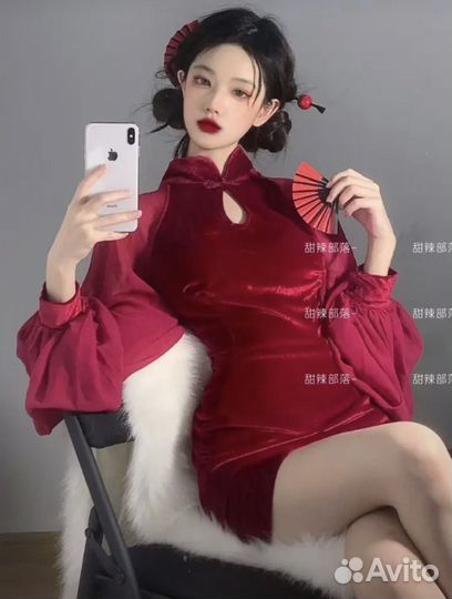 Платье ципао красное (бордовое) мини