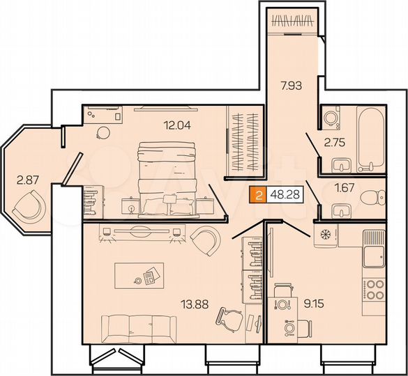 2-к. квартира, 48,3 м², 6/9 эт.