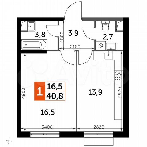 1-к. квартира, 40,8 м², 1/16 эт.