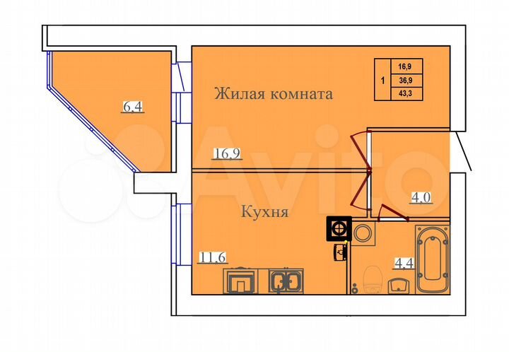 1-к. квартира, 43,3 м², 14/14 эт.