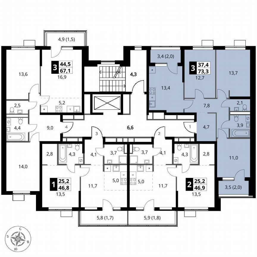 3-к. квартира, 73,3 м², 6/6 эт.