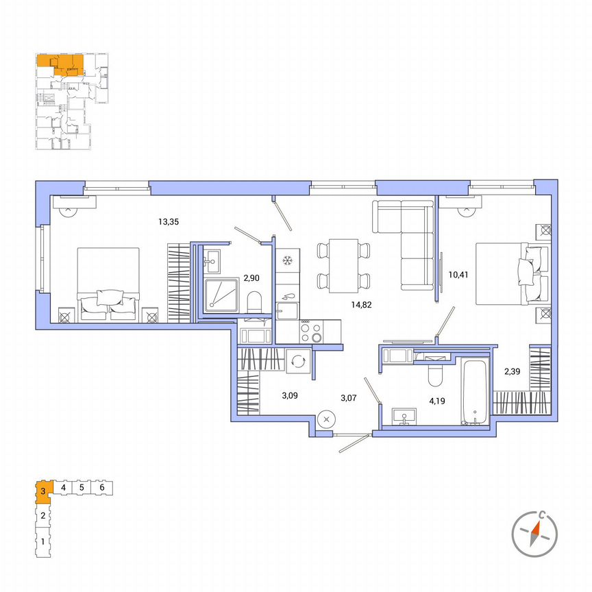 2-к. квартира, 54,2 м², 1/7 эт.