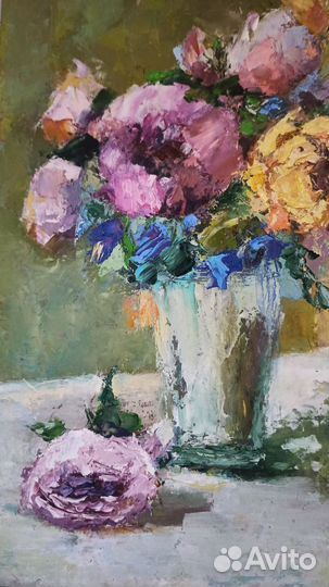 Картина маслом Натюрморт Пионы Розы Цветы 20х30