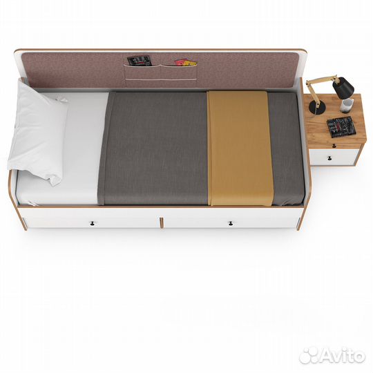 Кровать детская с ящиками и тумбочка Вуди, цвет белый премиум/дуб крафт золотой/саванна латте, шхгхв