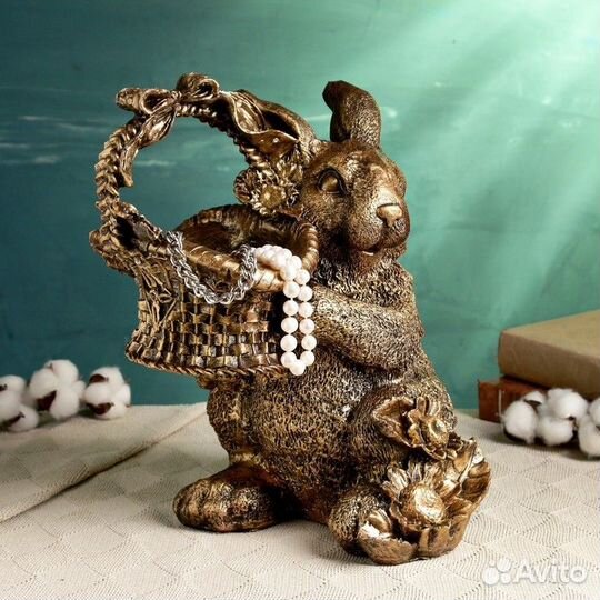 Подставка для мелочей 'Зайка с лукошком' бронза, 2