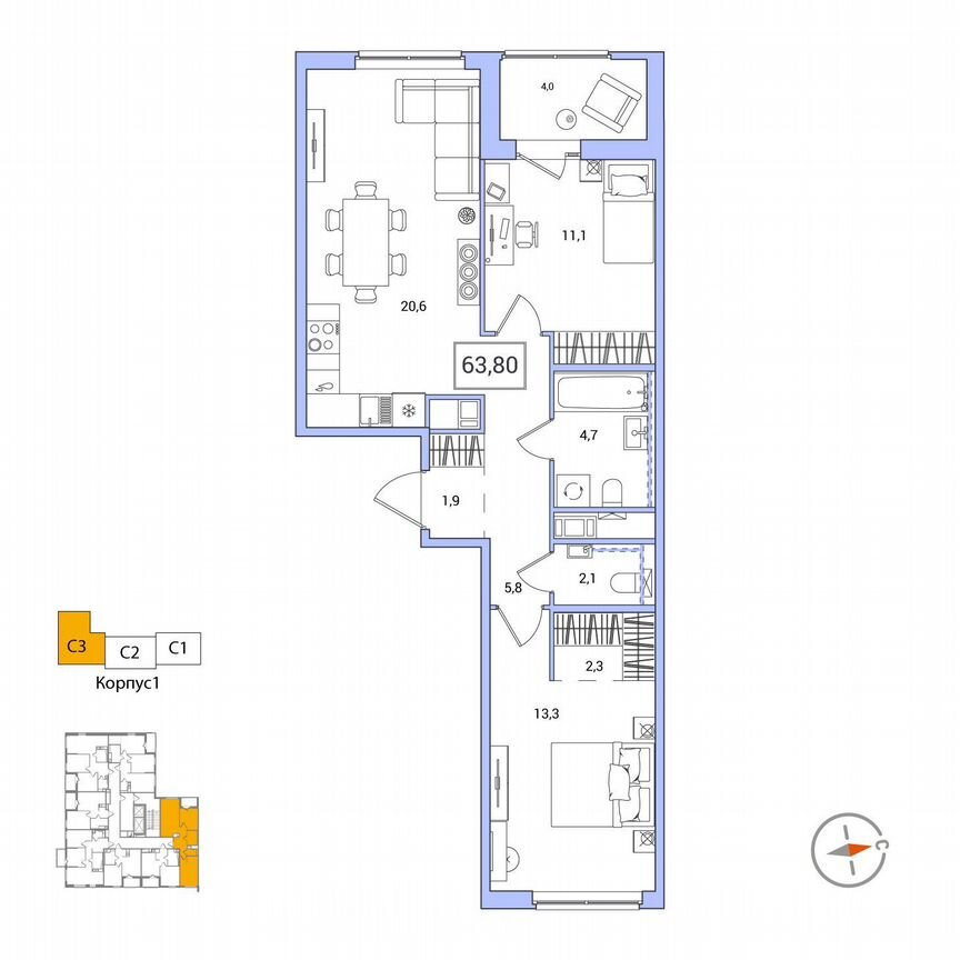 2-к. квартира, 63,8 м², 12/12 эт.