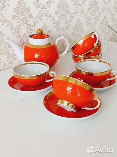 Чайная пара, чайник, чашка Рубин Дулево СССР