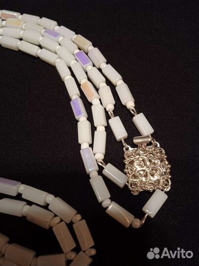 Бусы белое молочное стекло двухрядные винтажные