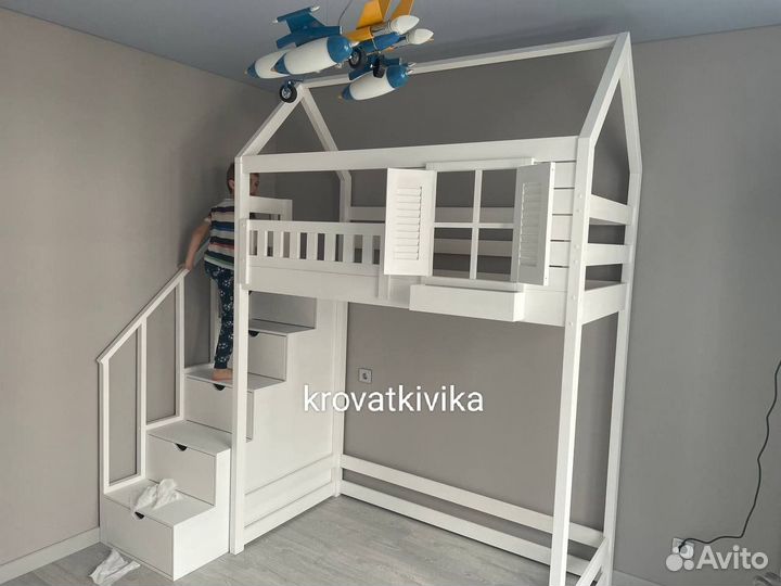 Детская Эко кровать чердак домик из массива