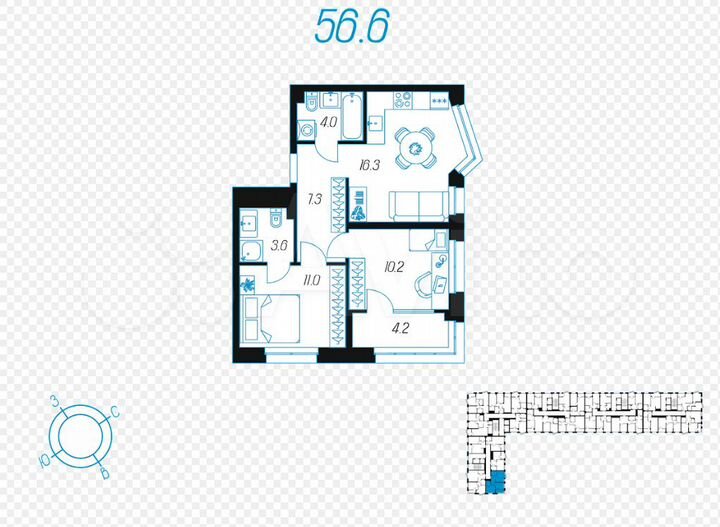 3-к. квартира, 56,6 м², 23/24 эт.