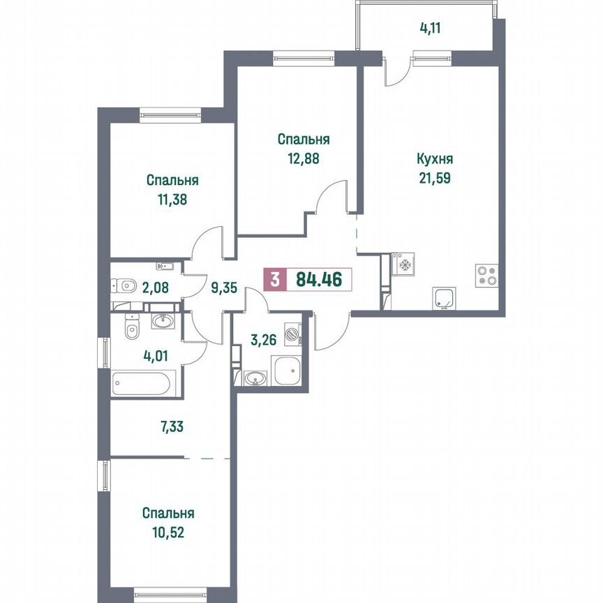 3-к. квартира, 84,5 м², 2/16 эт.