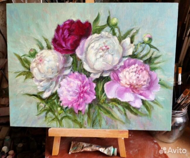 Картина маслом. Цветы. Пионы