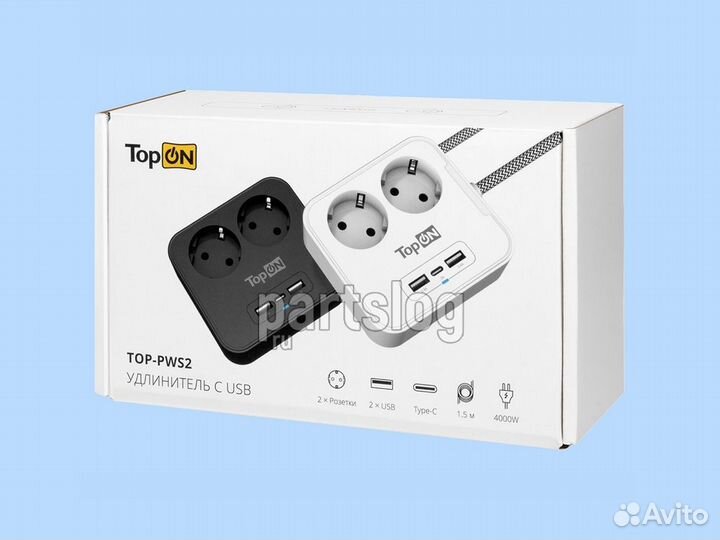 Сетевой фильтр TopON TOP-PWS2 на 2 розетки с 2 USB