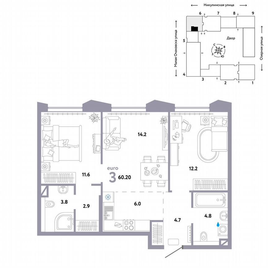 2-к. квартира, 60,2 м², 28/30 эт.