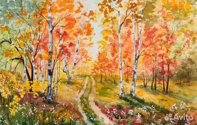 Пейзаж акварелью. Золотая осень. Картина 21х30