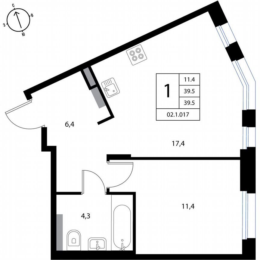 1-к. квартира, 39,5 м², 3/3 эт.