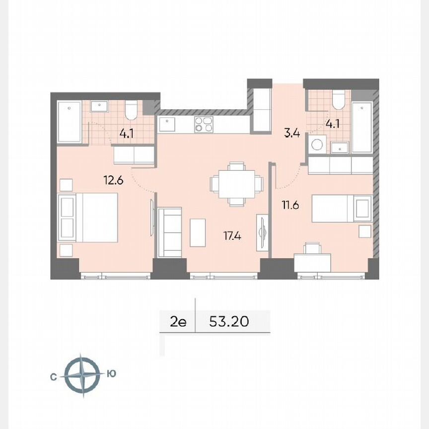 2-к. квартира, 53,2 м², 14/52 эт.