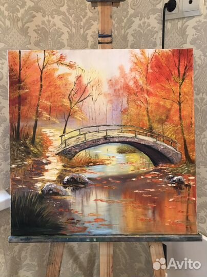 Картина маслом на холсте. Осень. Мост. Пруд