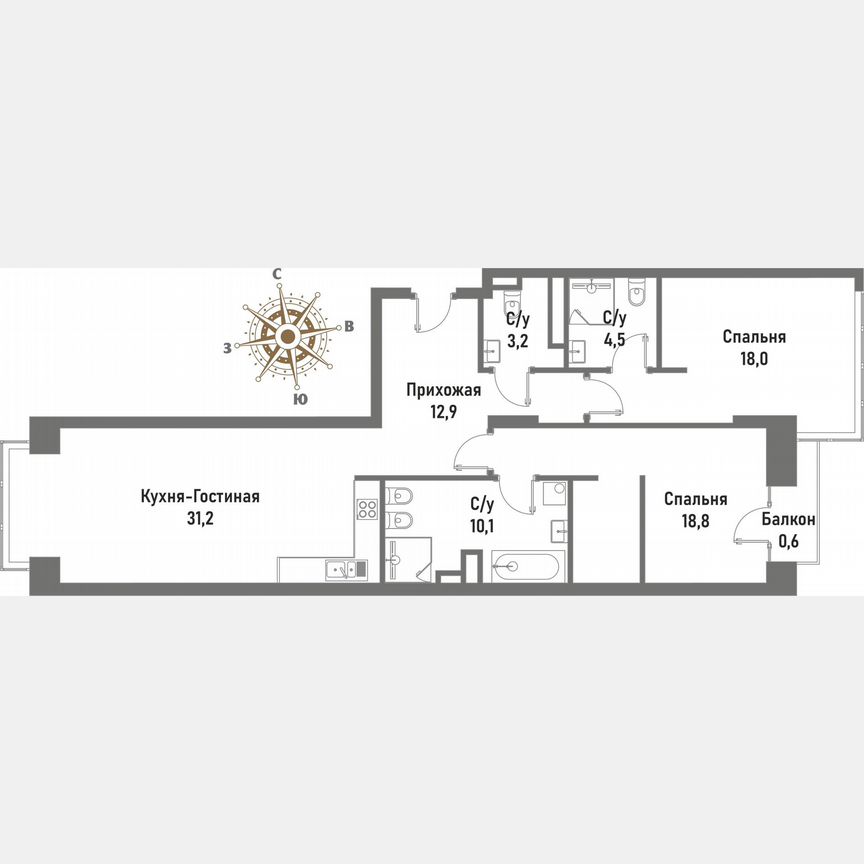 2-к. квартира, 99,2 м², 7/16 эт.
