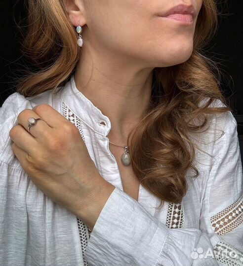 Серебряные серьги и кольцо с эфиопским опалом