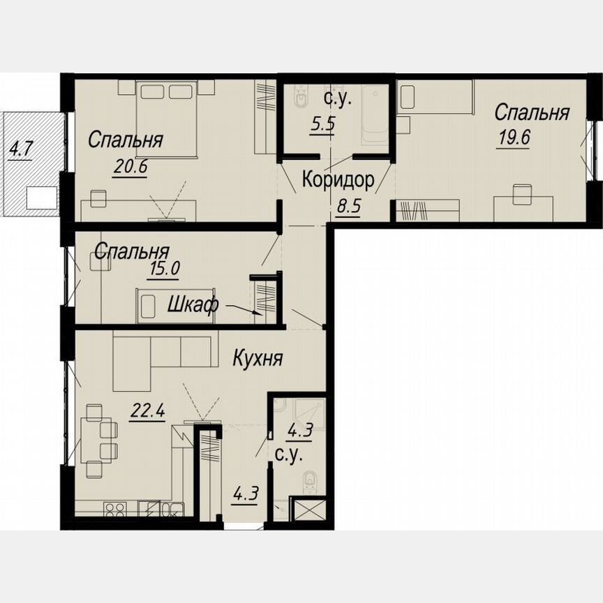 3-к. квартира, 104,1 м², 6/8 эт.