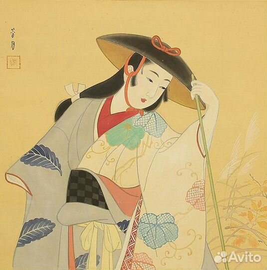 Свиток Япония антикварная картина Кимоно гейша