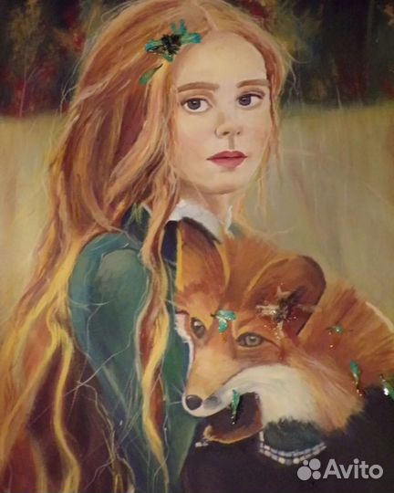 Картина маслом на холсте осенний пейзаж с лисой