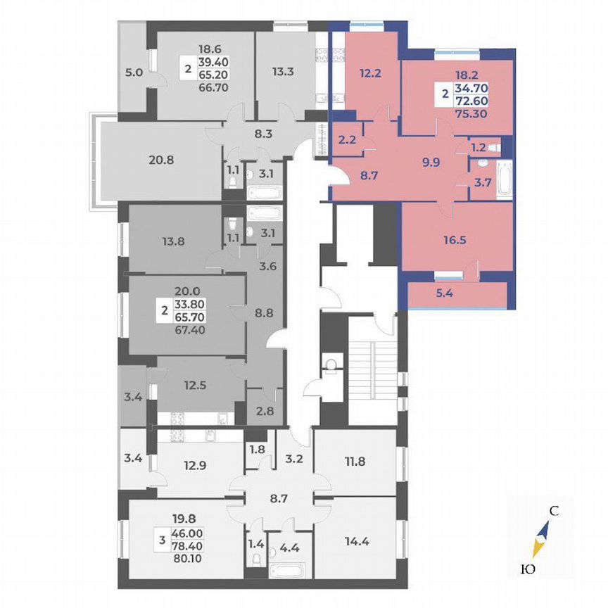 2-к. квартира, 75,3 м², 3/9 эт.
