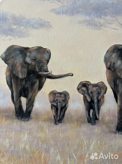 Карина маслом на заказ, картина слоны, пейзаж