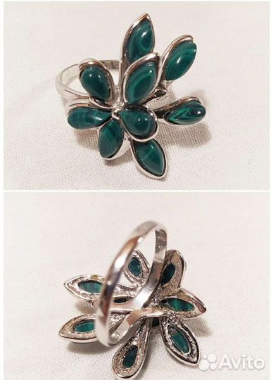 Серьги и кольцо с малахитом, 925(кт)
