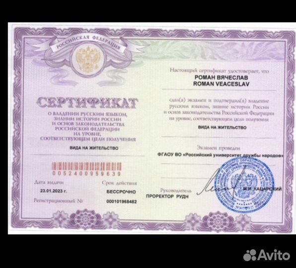 Сертификат русского языка Патент РВП ВНЖ Граждан