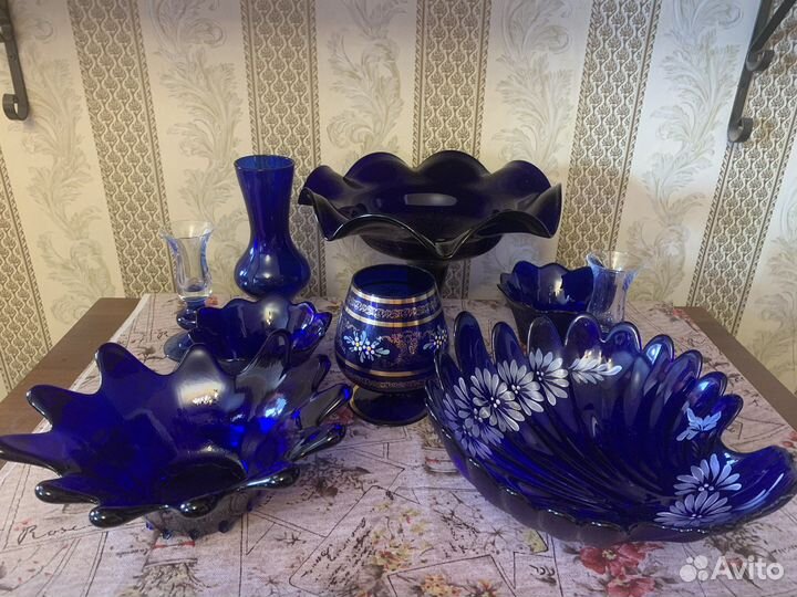 Ваза Фрутовница Салатник синее стекло кобальт