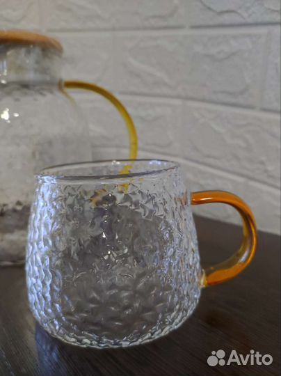 Стеклянный фактурный чайник-кувшин и кружки набор