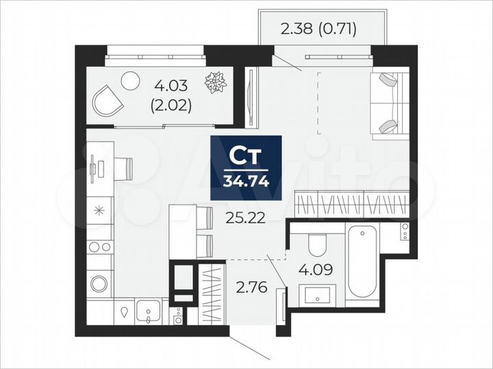 Квартира-студия, 34,7 м², 4/22 эт.