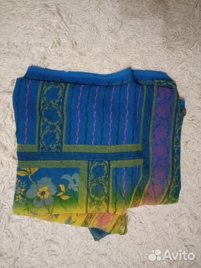 Индийское сари легкое, синий цвет, градиент