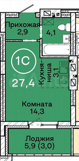 Квартира-студия, 27,4 м², 18/19 эт.