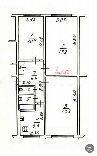 3-к. квартира, 60 м², 1/5 эт.
