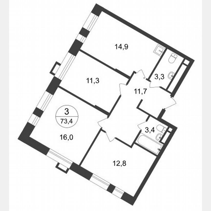 3-к. квартира, 73,4 м², 17/20 эт.