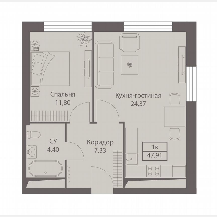 1-к. апартаменты, 47,9 м², 7/20 эт.