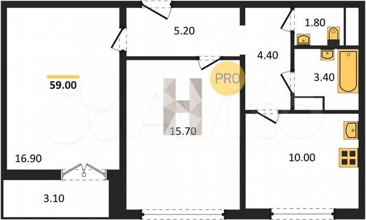 2-к. квартира, 59 м², 3/15 эт.