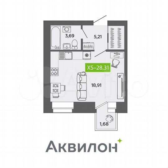 Квартира-студия, 28,3 м², 3/9 эт.
